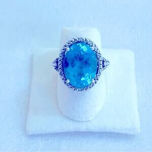 Vtg Ring Silver Silver London Blue Topaz Halo Diamond RJW 7.5 925
